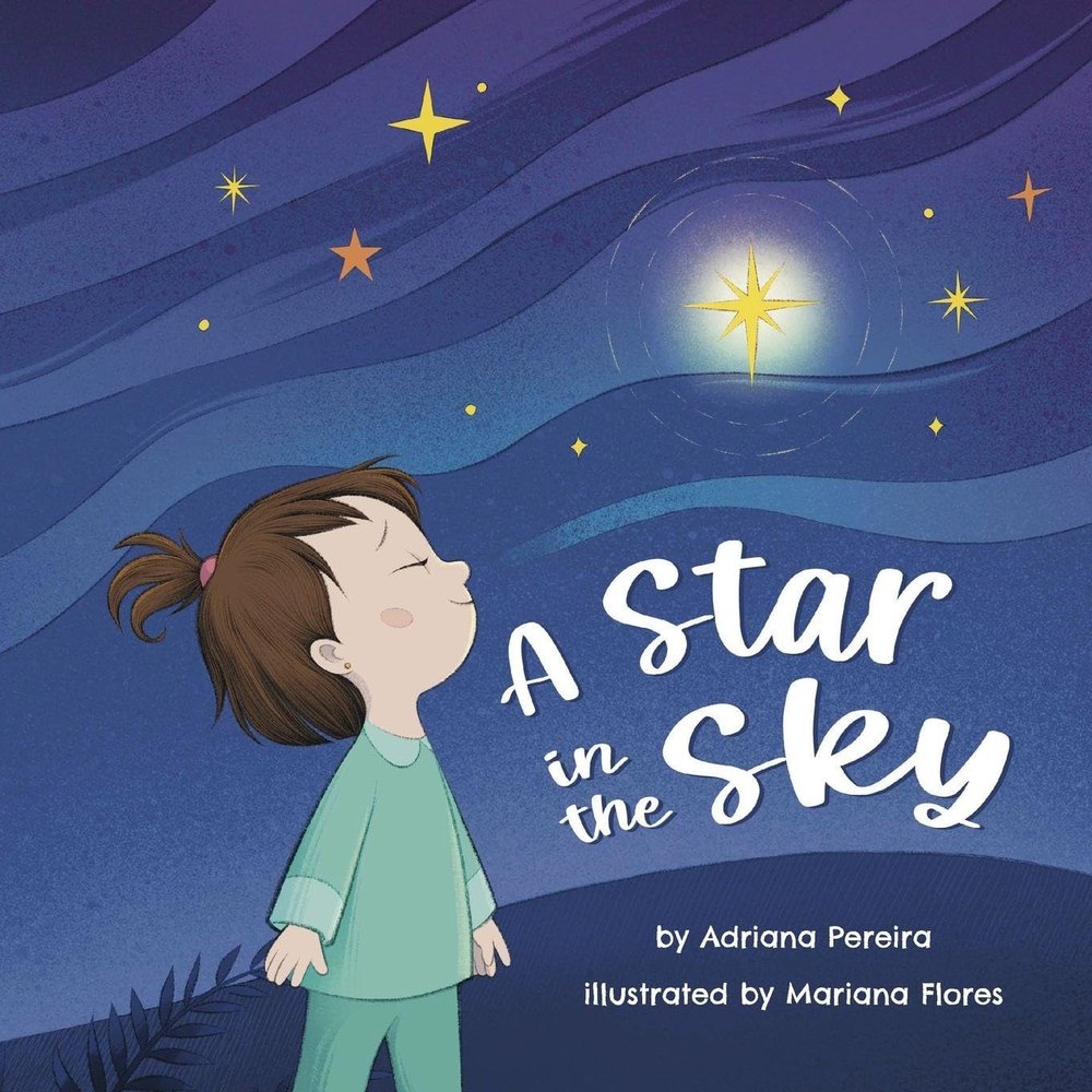 Cover of A Star in the Sky: a child in green pyjamas looking up at a bright star in a deep blue night sky.